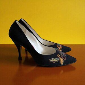 ANDREA PFISTER Couture Vintage Black Fabric Embellished Heels Size 7